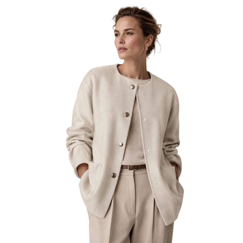 ANN TAYLOR SAND‎ SHELL IVORY CREW NECK WOOL BLEND  JACKET COAT LARGE